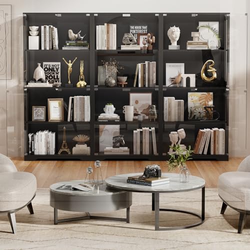 BROTTAR Display Cabinet with Glass Doors, 4-Tier Curio Cabinet&Bookcase with 3 Color Light for Collectibles, Toys, Books, Glass Storage Cabinet, Black BROTTAR