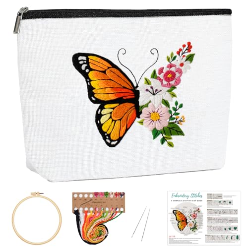 Louise Maelys Embroidery Kit Canvas Makeup Bag for Beginners,Cross Stitch Kits for Adults,DIY Needlepoint-Butterfly and Floral Pattern