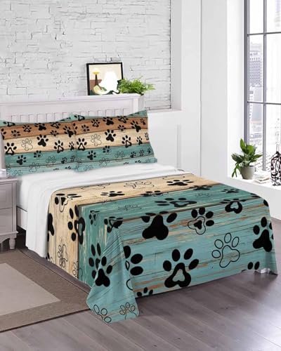 Top Sheet King Bedding Flat Sheet Only, Animal Dog Paw Print Farm Teal Wood Board Microfiber Bed Sheets Soft Breathable Bedding Flat Sheets, Country Wooden Grain Hotel Luxury Top Sheets Chees D Zone