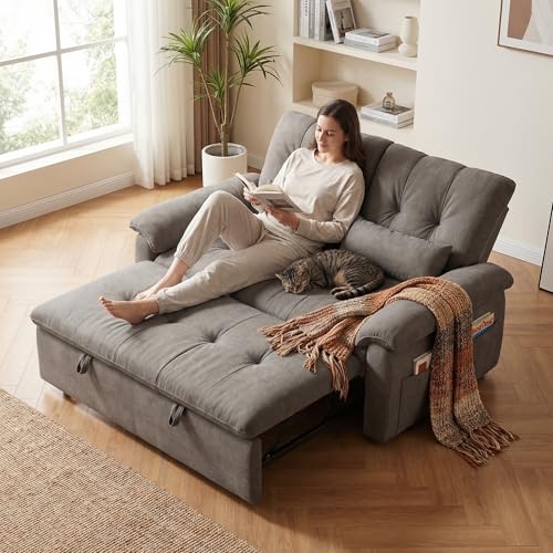 Vakdle Loveseat Convertible Sofa Bed, Pull-Out futon Couch,3 in 1 Sleeper Bed with Reclining Backrest and Storage for Bedroom Living Room Apartment (Grey, 47.24") Vakdle