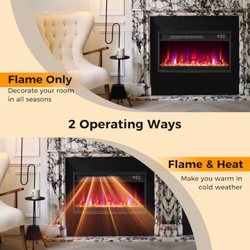 COSTWAY 23 Inch Recessed Fireplace Heater, Electric Fireplace Insert w/Multi-Color Flame & Crystal Ember Bed, Remote Control, 9H Timer, Built-in Thermostat & Overheat Protection, 1500W COSTWAY