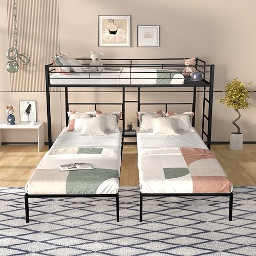 Ball & Cast L-Shaped Triple Bunk Bed, Space Saving Corner Metal Bed Frame with Squeak-Free Wood Slats,3 Twin Bunk Beds w/Full-Length Guardrails & Ladder,No Box Spring Needed,for Kids/Teens,Black Ball & Cast