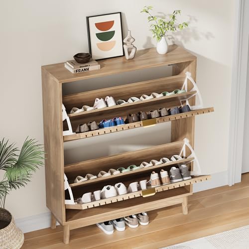 Kiasthome 2 Flip Drawer Shoe Storage Cabinet, Wooden Shoe Organizer with Ventilated Slatted Doors for Entryway, Hallway, Living Room (Wood, 31.5" W) Kiasthome