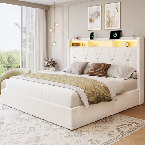 LARMACE Queen Size Bed Frame with 4 Storage Drawers and Boucle Headboard Upholstered Platform Bed Frame with LED Lights & Charging Station,Easy Assembly/No Box Spring Needed,White LARMACE