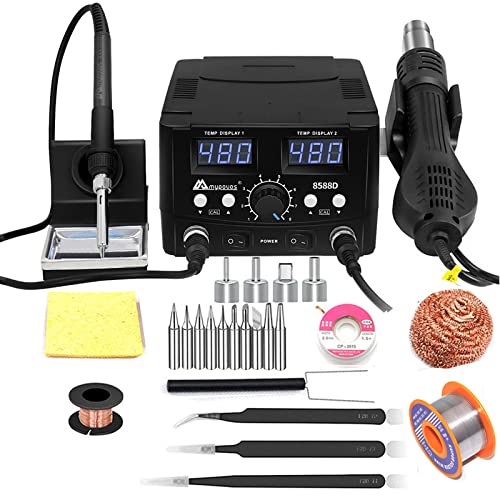 MYPOUOS 2 IN 1 750W LED Digital Soldering Station Hot Air Gun Rework Station Electric Soldering Iron For Phone PCB IC SMD BGA Welding SET 110V (8588D SET1) MYPOUOS