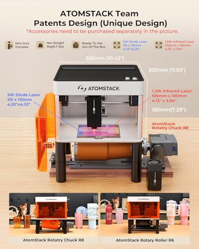 ATOMSTACK P1 Dual Laser Engraver, 5W Diode, 1.2W Infrared Laser, Laser Cutter, Enclosed Laser Engraving Machine, Beginners, Hobbyists, Stainless Steel, Black Acrylic, Unibody Laser, 2-in-1 Laser ATOMSTACK
