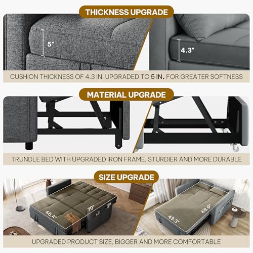 DWVO 55" Convertible Sofa Bed, 3-in-1 Sleeper Sofa with Pull-Out Bed, Linen Futon Couch with Adjustable Backrest and Side Pocket, Modern Loveseat for Living Room Apartment, Grey DWVO