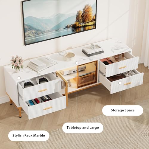 Garvee Fluted TV Stand with Storage Drawers for TVs Up to 75 Inch, Entertainment Center TV Table with LED Lights and Glass Door, Media Console with Faux Marble Top for Living Room, Bedroom, White Garvee
