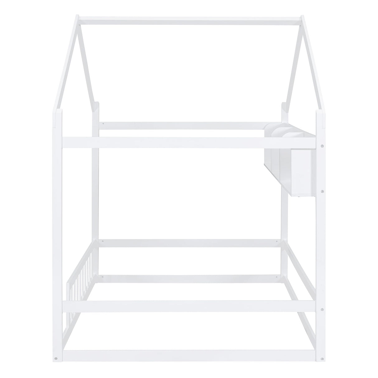 Bellemave Wooden Montessori Full Size House Bed with Fence Railings and Storage Shelf in White Bellemave