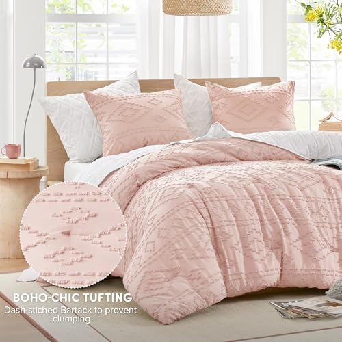 Comfort Spaces Comforter for Queen Size Bed, Geometric Diamond Tufted Boho Comforter Set Queen, All Season Lightweight Bedding Set, Matching Sham, Full/Queen Pink 3 Piece Comfort Spaces