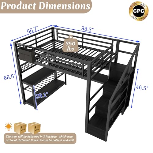 Mirightone Full Size Loft Bed with Desk & Stairs, Heavy-Duty Metal Loft Beds with Upper Shelves & Wardrobe, High Loft Bed Frame with LED and Charging Station for Boys, Girls and Teens (Black) Mirightone