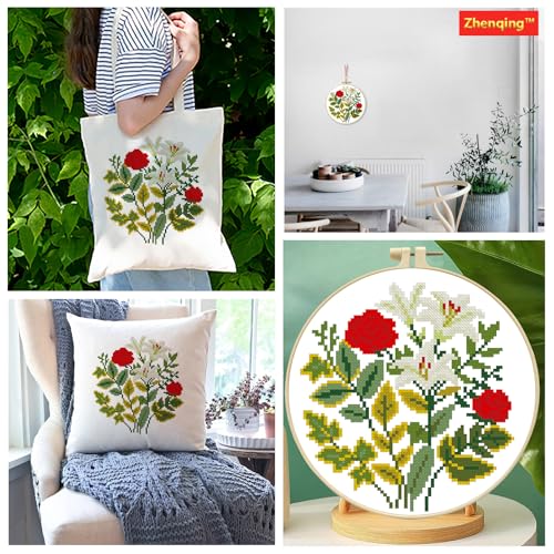 Zhenqing Rose and Lily Cross Stitch Kit for Beginners - 11CT 24x24cm Pre-Printed Pattern with Embroidery Hoop, Threads & Tools, Floral Design(70519)