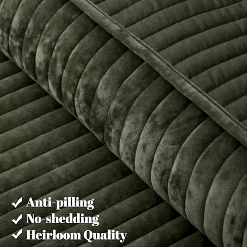 PHF Luxury Velvet Quilt Set Twin Size – 2PCS Ultra Soft Quilted Comforter Alternative with Striped Channel, Cozy Quilted Bedspread, 1 Coverlet with 1 Matching Sham, 68" x 92", Smokey Olive PHF