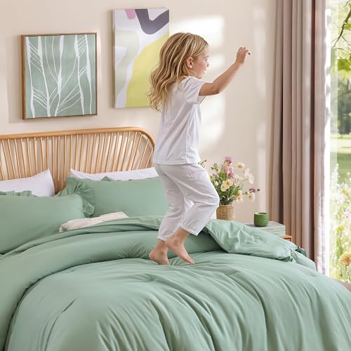 JANZAA Twin Comforter Set Sage Green Comforter Set 2PCS Ruffled and 1 Pillow Case Fluffy Vintage Farmhouse Shabby Chic Bedding Soft All Season JANZAA