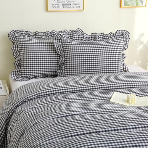 Silnuo Black/White Checkered Ruffle 3-Piece Duvet Cover Set King Size,Washed Cotton Shabby Gingham Plaid Bedding Set Farmhouse Comforter Set(King,Black/White) Silnuo