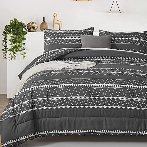 WONGS BEDDING Dark Grey Comforter Set California King, Reversible Boho Triangle Bedding Comforter Set for Cal King Bed 3 Pieces (1 Comforter + 2 Pillowcases), Microfiber Bedding Set 104"x 96" WONGS BEDDING