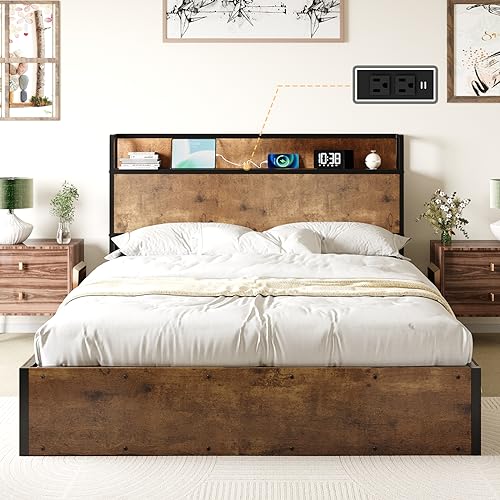AMERLIFE Queen Size Lift Up Storage Bed Frame with Charging Station in Rustic Brown AMERLIFE