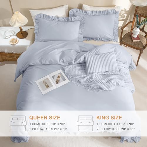 Sanracie Ruffled Bedding Comforter Sets King Size, Cotton Comforters Set 3Pcs for All Season Cornflower Blue Shabby Boho Chic Bedding French Country Farmhouse Rustic Aesthetic Bedroom Sets Sanracie