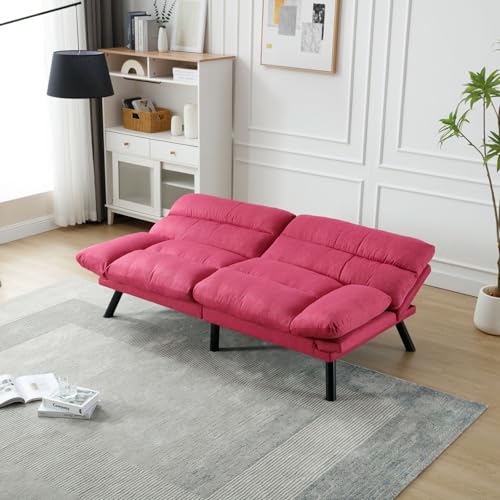 WDYLWFHW Convertible Futon Sofa Bed, Linen Folding Loveseat Couch with Adjustable Backrest and Wooden Legs,Double Sleeper Sofa Couches for Small Spaces Living Rooms Apartment Office (Rose Red) WDYLWFHW