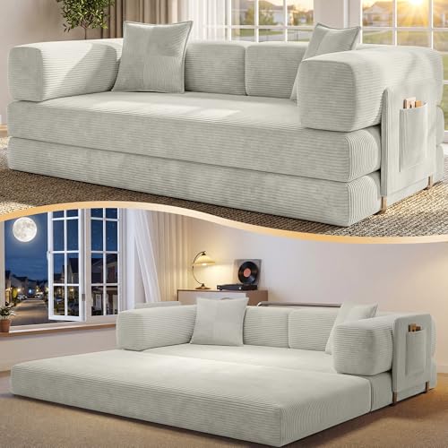 CUBENTE 78.8" Convertible Sofa Bed,Corduroy Futon Couch with Storage Pocket,Folding Pull Out Futon Sofa,No Assembly Boneless Couch for Living Room, White CUBENTE