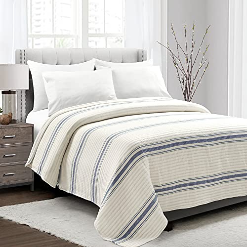 Lush Decor Farmhouse Stripe Kantha Pick Stitch Cotton Quilt/Coverlet Single Full/Queen, Navy - Striped Bedding Queen Quilt - Queen Blanket For Bed Lush Decor