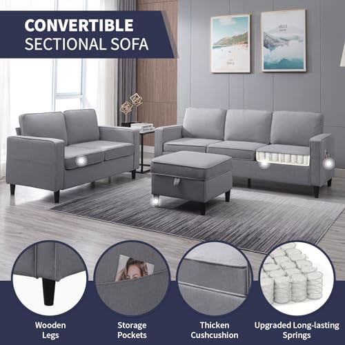 ijuicy 2PCS Sectional Sofa Set,3 Seat Couch & Loveseat Sofa with Side Pockets & Movable Storage Ottoman, Modern Convertible Upholstered Couches for Living Room,Office (3+2Seat/Light Grey) ijuicy