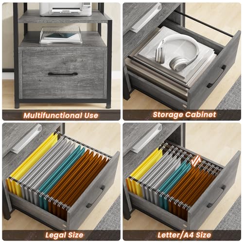 SEDETA Home Office Desk with File Drawer & Power Outlet, 66'' Computer Desk with 5 Drawer, Storage Shelves, Printer Cabinet and Monitor Shelf, Gaming Desk with Led Lights, Grey SEDETA