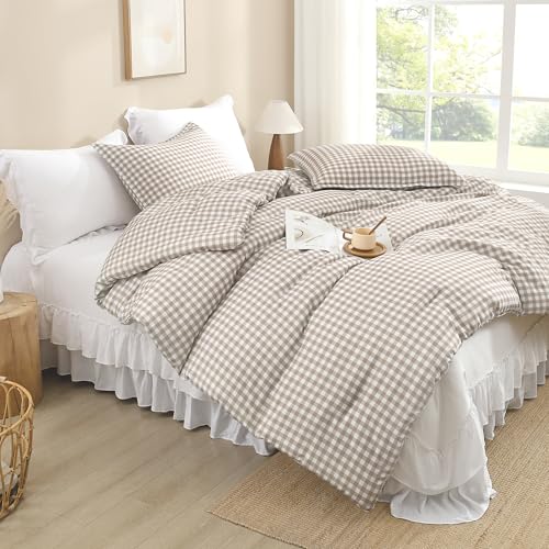 Andency Tan Gingham Comforter Set Full(79x90Inch), Brown Checkered Grid Plaid Buffalo Bed Set for Girls Boys Kids Teens, 3 Pieces Lightweight Microfiber Geometric Preppy Bedding