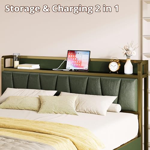 LIKIMIO Queen Bed Frame with 4 Storage Drawers, Platform Bed with Charged Headboard, Sturdy and Stable, No Noise, No Box Spring Needed, Easy to Install, Dark Green LIKIMIO