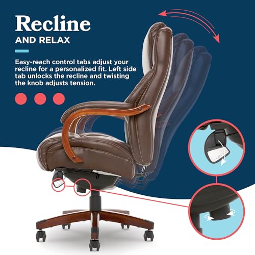 La-Z-Boy Delano Big & Tall Executive Office Chair, Ergonomic Mid-Back Body Pillow Lumbar Support, ComfortCore Memory Foam Cushion, Mahogany Wood Arms & Swivel Base, Bonded Leather, Chestnut Brown La-Z-Boy