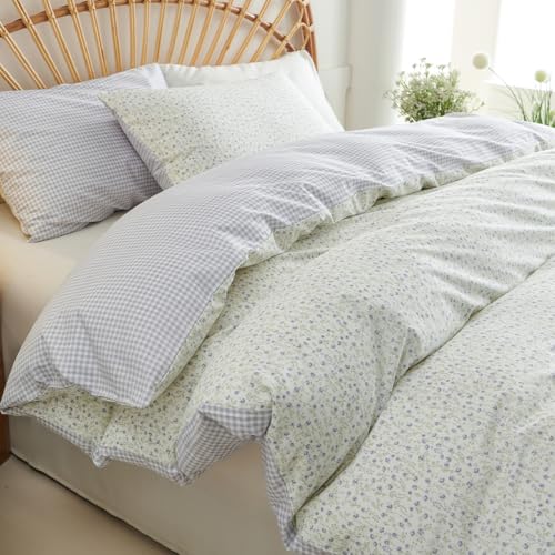 CCoutueChen Blue Gingham Duvet Cover Full 3Pcs 100% Cotton Blue Floral Bedding Set Farmhouse Flower Plaid Bedding Soft Breathable Cottage Duvet Cover Set with 2 Pillowcases(No Comforter) CCoutueChen