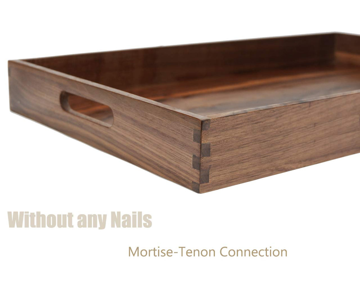 MAGIGO 22 x 14 Inches Large Rectangle Black Walnut Wood Ottoman Tray with Handles, Serve Tea, Coffee, Classic Wooden Decorative Serving Tray MAGIGO