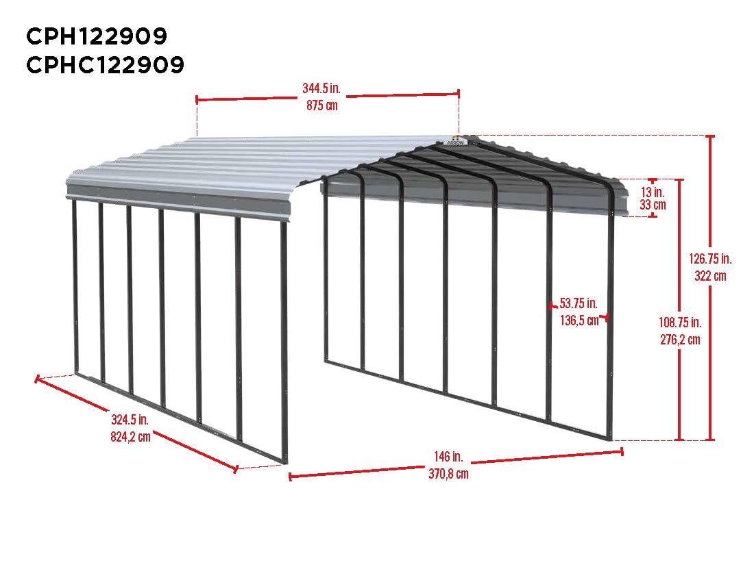 Arrow Carports Galvanized Steel Carport, Full-Size Metal Carport Kit, 12' x 29' x 9', Charcoal Arrow