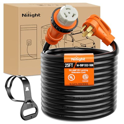 Nilight 50 Amp 25FT RV Locking Extension Cord 250V Heavy Duty 6/3+8/1 Gauge Pure Copper STW Wire ETL Listed 4 Prong 14-50P SS2-50R 50F/50M Cable Suit for RV Trailer Campers Caravan