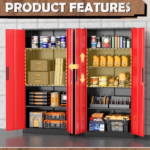 INTERGRAET Metal Storage Cabinet with Adjustable Shelves, Garage Storage Cabinets with Doors and Shelves, File Cabinets for Home Office, Kitchen Pantry Cabinet, 72''H, Black Red INTERGREAT