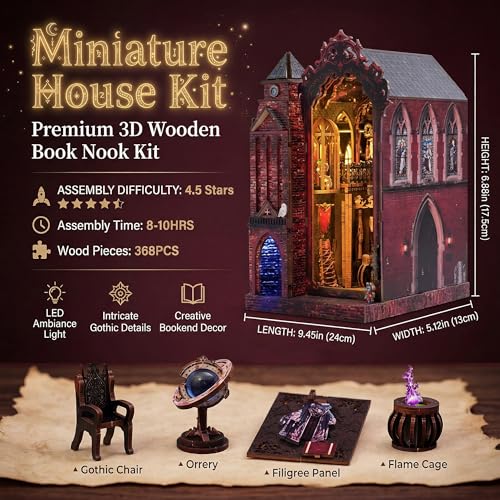 Book Nook Kit, DIY Miniature House Dollhouse Crafts Kit for Adults and Teens, Magic Castle 3D Wooden Puzzle Booknook Build Bookshelf Decor, Gifts for Family and Friends(Arcane Sprire)