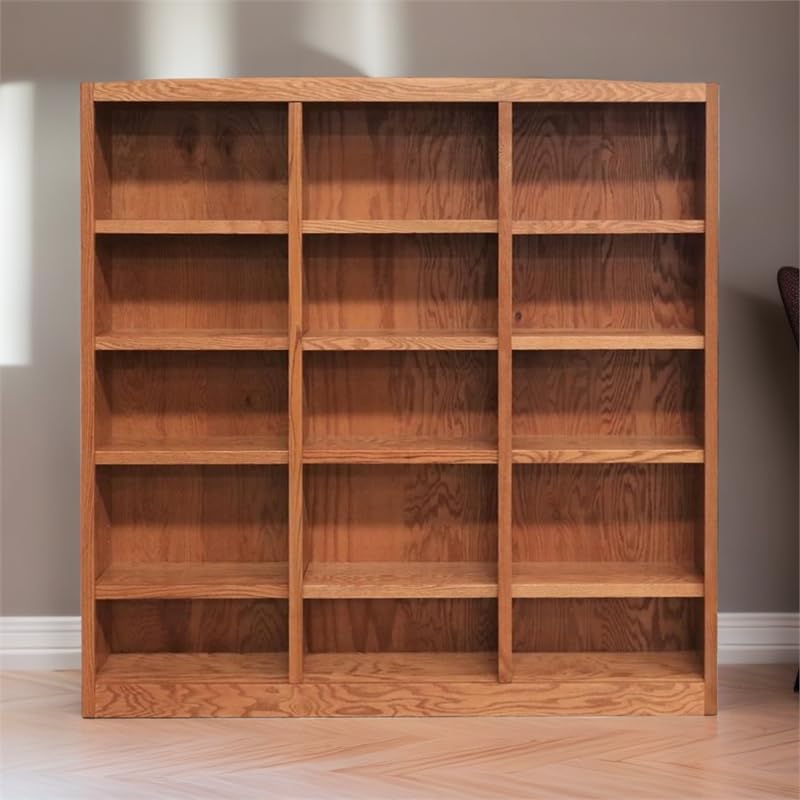 BOWERY HILL 72" Classic Triple Wide Wood Bookcase with 12 Adjustable and 3 Fixed Shelves in Dry Oak Finish BOWERY HILL