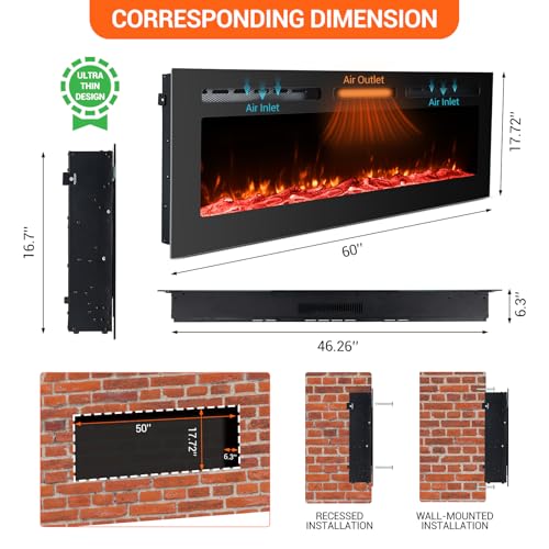 Takywep Electric Fireplace, 60 Inches, 5120 BTU Heat Output, 12 Flame Color, Black, Wall-Mounted or Recessed, Timer, Quiet Operation, Multicolor Flame, Faux Logs, Crystal Stones Takywep