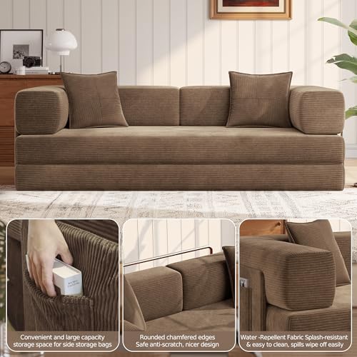 MoonSpeak 78.8''Sleeper Couch Bed for Livingroom,Convertible Modular Sofa with Armrest Pillow,Modular Foldable Corduroy Couches in a Box,No Assembly (Brown) MoonSpeak