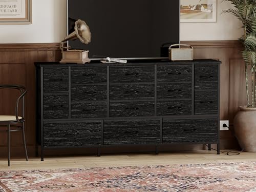 Fixwal 63.3 Inch Large Black Dresser for Bedroom, 16 Drawer Dresser, Long TV Stand for 55, 65, 70 Inch TV with Power Outlets, Fabric Chest of Drawers for Bedroom, Living Room, Entryway, Black Fixwal