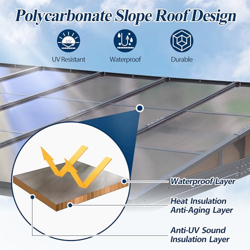 COVERONICS 10' X 13' Outdoor Polycarbonate Hardtop Gazebo - Wall-Mounted Aluminum Frame Gazebo with Slope Roof, Heavy-Duty Lean to Gazebo Pergola with Netting & Curtains for Rainy Day, Sunlight, Yard COVERONICS