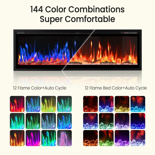60” Smart Electric Fireplace with Voice Control, Realistic Flame, Crackling Sound, Wall Mounted or Recessed Fireplace Insert, App/Remote Control, Logs & Crystals Included for Living Room, Bedroom Rresyet