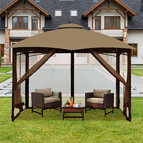 Gazebo Universal Replacement Mosquito Netting – Hugline 10' x 12' Outdoor Mesh Netting Screen 4-Panel Sidewall Curtain with Zipper (Brown) Hugline