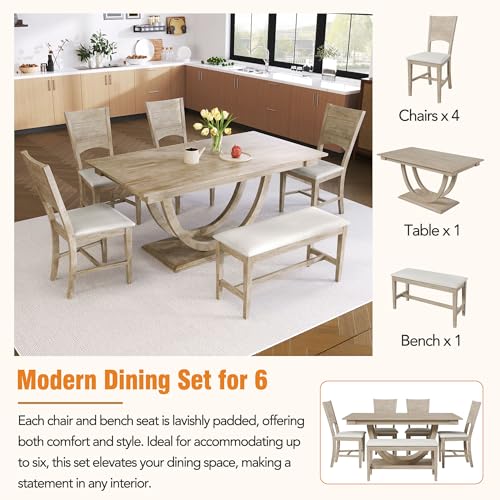LUMISOL Dining Table Set for 6, Wood Half Round Dining Table Set with Long Bench and 4 Upholstered Chairs Solid Wood Dining Table Set, Modern Kitchen Table Set for 6 Persons, Natural LUMISOL