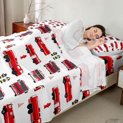 Erosebridal Fire Truck Sheet Set King for Boys Teens Girls Firemen Car Vehicle Flat Sheet Kids Youth Firefighter Truck Fitted Sheet Red Fire Fighting Supplies Print Bed Sheet Set with 2 Pillowcases Erosebridal