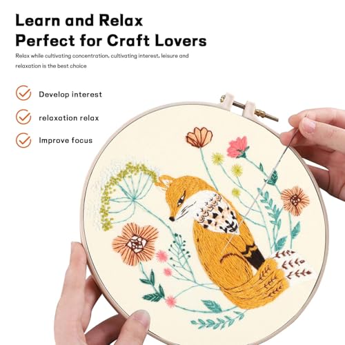 JOINRUN Beginner Embroidery Kit for Adults, Fox Cross Stitch Kits with 7.9" Hoop, Threads, Needles, Learn Stitches with Pre-Printed Patterns, Video Tutorial, DIY Needlework Craft Gift for Women