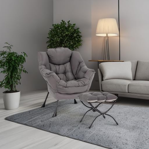 LITA Lazy Chair with Ottoman, Modern Accent Leisure Upholstered Sofa Chair, Contemporary Lounge Reading Chair with Armrests and a Side Pocket for Living Room, Bedroom & Small Space, Dark Grey LITA