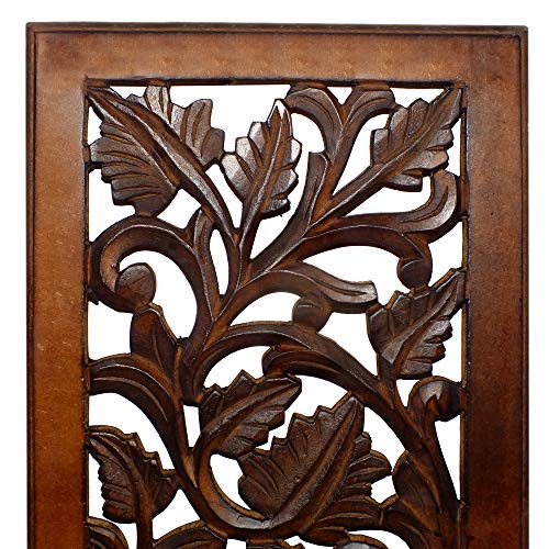 Benjara Mango Wood Wall Panel Hand Crafted with Leaves and Scroll Work Motif, Brown, Rectangle Benzara