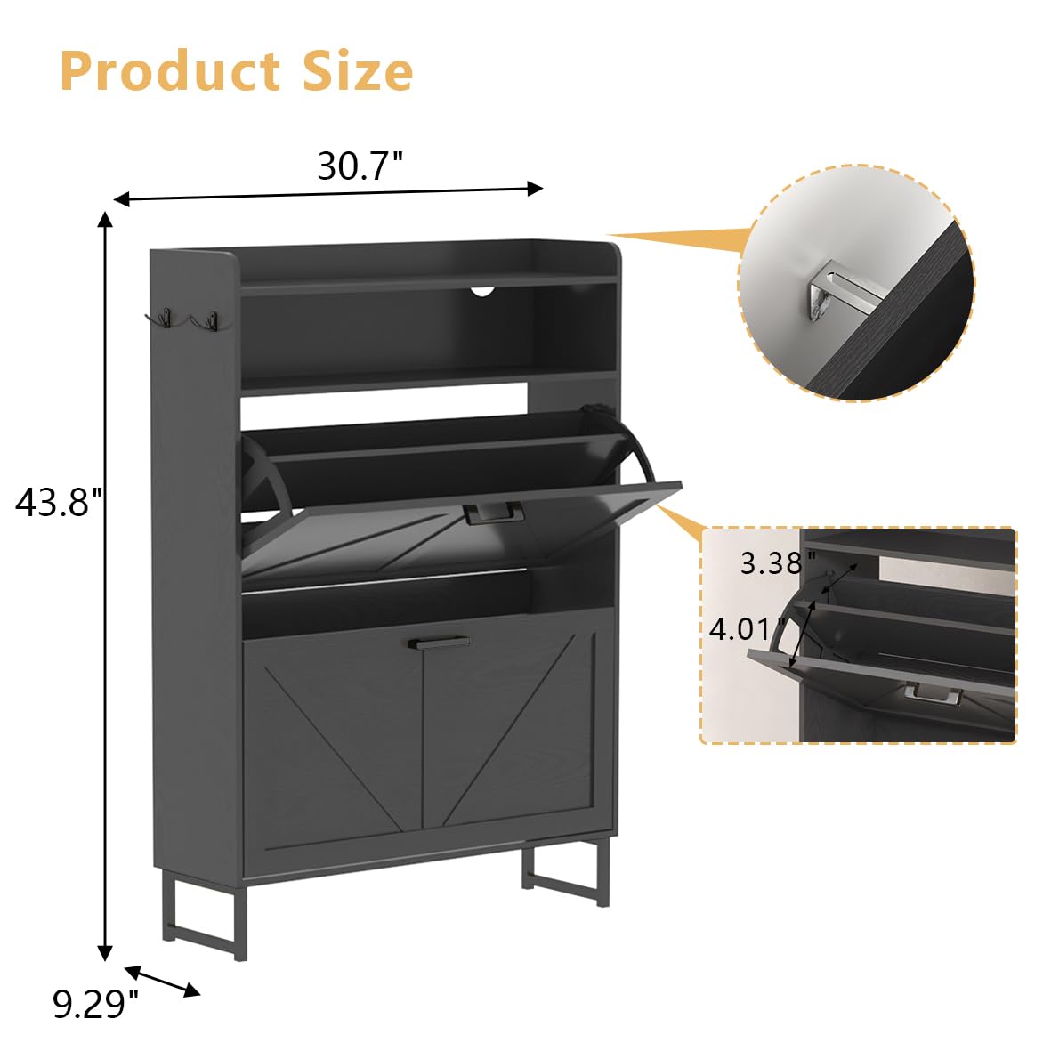 Shoe Cabinet with 2 Flip Drawers, Freestanding Hidden Shoe Storage Organizer for Entryway, Narrow Slim Shoe Rack Cabinet with Open Storage & Hooks for Front Door Entrance, Living Room, Hallway, Black Xixini