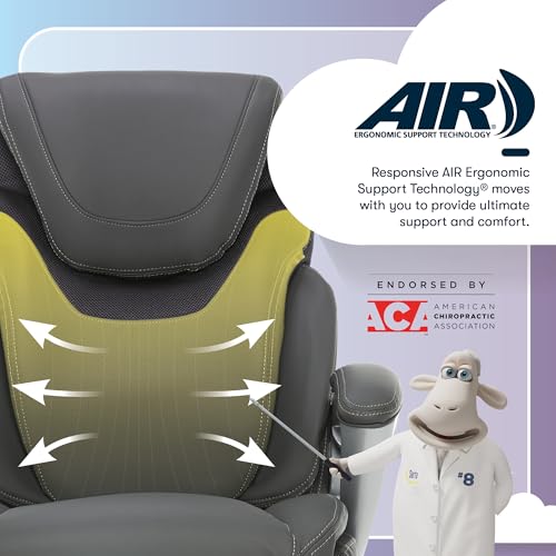 Serta Bryce Executive Office Chair, Ergonomic Computer DeskChairs with Patented AIR Lumbar Support, Comfy Body Pillows, Height Adjustable, Swivel Base with Wheels, Bonded Leather, Gray Serta
